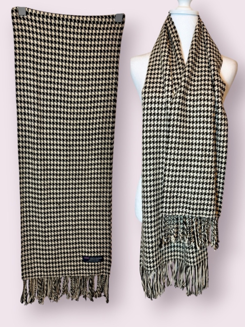 Houndstooth Cashmere Scarf Made in Scotland Cream & Brown